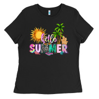 Black hello summer with sun Ladies Tee - texasbilliewilder