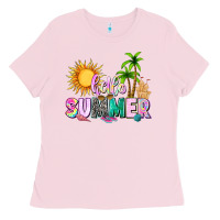 Bubblegum Pink hello summer with sun Ladies Tee - texasbilliewilder