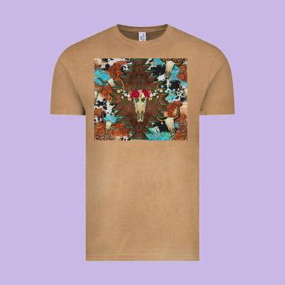 Western Floral Bullskull Cowhide And Leopard Vintage Tee Designed By Artiststas