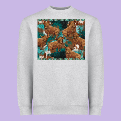 Turquoises Gemstones Cowhide Highlands Cow Heavyweight Sweatshirt Designed By Barkaloodesign