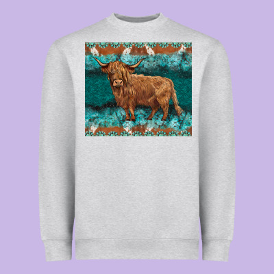 Turquoises Gemstones Cowhide Highland Cow Heavyweight Sweatshirt Designed By Barkaloodesign