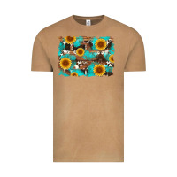 Vintage Camel sunflower and cowhides with wood and turquoise background Vintage Tee - Artiststas