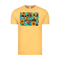 Vintage Mustard sunflower and cowhides with wood and turquoise background Vintage Tee - Artiststas