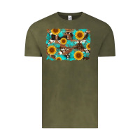Vintage Olive sunflower and cowhides with wood and turquoise background Vintage Tee - Artiststas