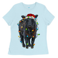 Baby Blue christmas black angus cattle with lights Ladies Tee - RanaPortraitStore