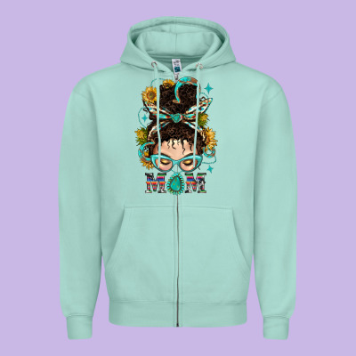 Western Messy Bun Mom With Sunflower Zipper Hoodie Designed By Bundleandbundleshop
