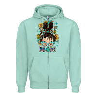 Seafoam Western Messy Bun Mom With Sunflower Zipper Hoodie - BundleAndBundleShop