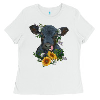 White baby cow black angus calf with flowers Ladies Tee - RanaPortraitStore