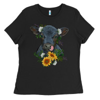 Black baby cow black angus calf with flowers Ladies Tee - RanaPortraitStore