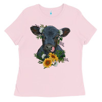 Bubblegum Pink baby cow black angus calf with flowers Ladies Tee - RanaPortraitStore