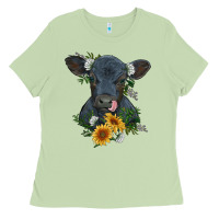 Matcha baby cow black angus calf with flowers Ladies Tee - RanaPortraitStore