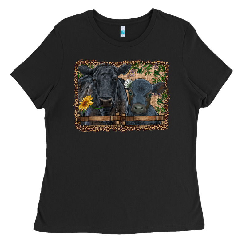 Western Black Angus Cattle And Calf With Leopard Ladies Tee by RanaPortraitStore | Teevron