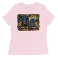 Bubblegum Pink western black angus cattle and calf with leopard Ladies Tee - RanaPortraitStore