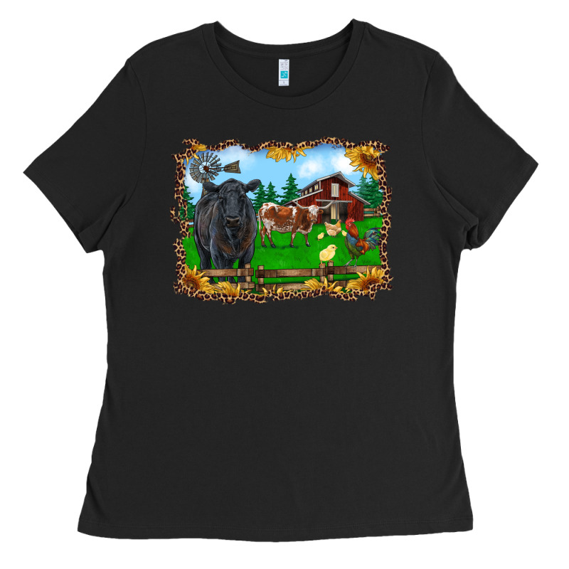 Western Barnyard Black Angus Cattle Longhorn Rooster And Chicks Ladies Tee by RanaPortraitStore | Teevron
