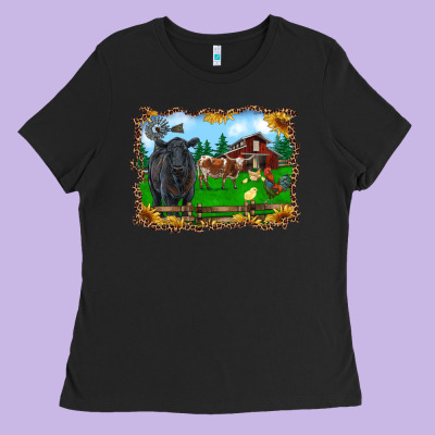 Western Barnyard Black Angus Cattle Longhorn Rooster And Chicks Ladies Tee Designed By Ranaportraitstore