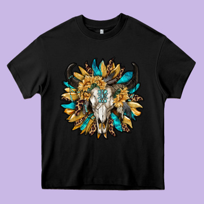 Bull Skull With Sunflower Heavy Core Tee Designed By Ranaportraitstore