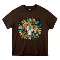Chocolate Brown bull skull with sunflower Heavy Core Tee - RanaPortraitStore