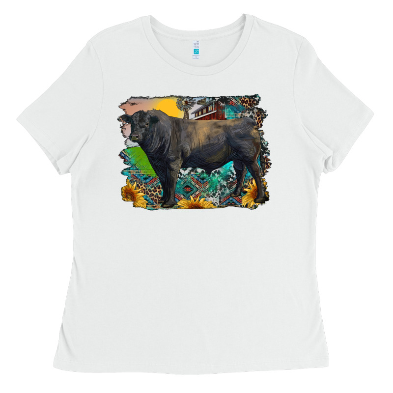 Black Angus Bull With Aztec And Farm Background Ladies Tee by RanaPortraitStore | Teevron