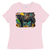 Bubblegum Pink black angus bull with aztec and farm background Ladies Tee - RanaPortraitStore