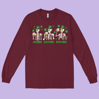 Drink Drank Drunk St. Patricks Day Skeletons Long Sleeve Tee Designed By Maliassmallbusiness
