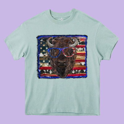 Bison With American Flag And Glasses Heavy Core Tee Designed By Ranaportraitstore