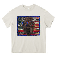 Cream bison with american flag and glasses Heavy Core Tee - RanaPortraitStore