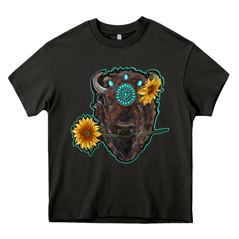 Bison Head With Sunflowers And Gemstone Heavy Core Tee by RanaPortraitStore | Teevron