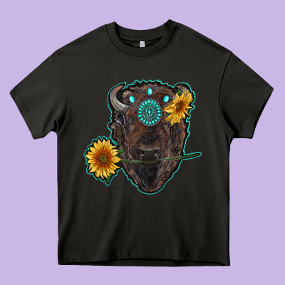 Bison Head With Sunflowers And Gemstone Heavy Core Tee Designed By Ranaportraitstore