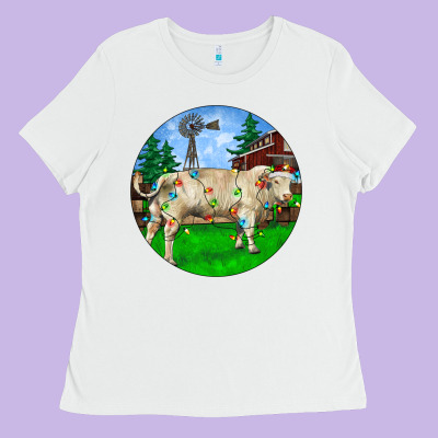 Christmas Charolais Bull And Barnyard Ladies Tee Designed By Ranaportraitstore