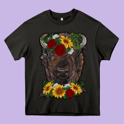Bison Face With Flowers Heavy Core Tee Designed By Ranaportraitstore