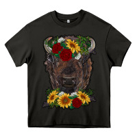 Asphalt bison face with flowers Heavy Core Tee - RanaPortraitStore