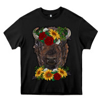 Black bison face with flowers Heavy Core Tee - RanaPortraitStore