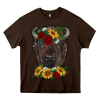 Chocolate Brown bison face with flowers Heavy Core Tee - RanaPortraitStore