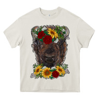 Cream bison face with flowers Heavy Core Tee - RanaPortraitStore