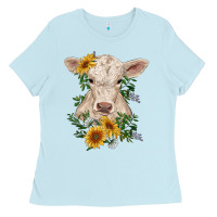Baby Blue charolais calf with sunflowers Ladies Tee - RanaPortraitStore