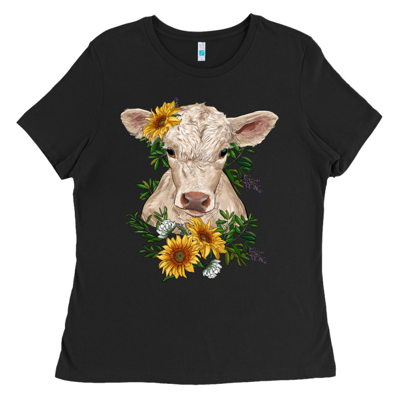 Charolais Calf With Sunflowers Ladies Tee by RanaPortraitStore | Teevron