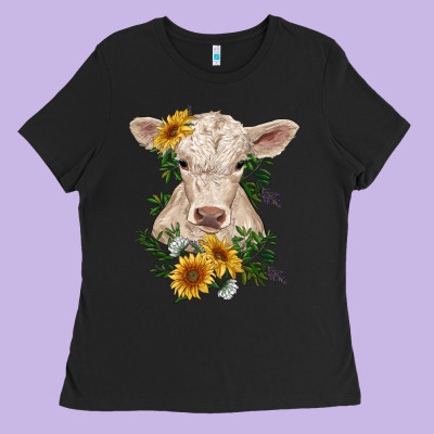 Charolais Calf With Sunflowers Ladies Tee Designed By Ranaportraitstore