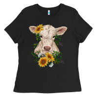 Black charolais calf with sunflowers Ladies Tee - RanaPortraitStore