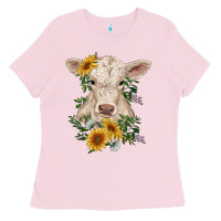 Bubblegum Pink charolais calf with sunflowers Ladies Tee - RanaPortraitStore