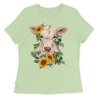 Matcha charolais calf with sunflowers Ladies Tee - RanaPortraitStore