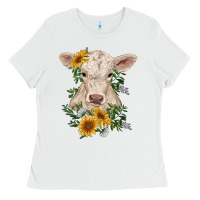 White charolais calf with sunflowers Ladies Tee - RanaPortraitStore