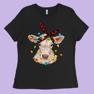Charolais Calf With Christmas Lights Baby Cow Ladies Tee Designed By Ranaportraitstore