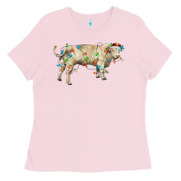 Bubblegum Pink Charolais bull with christmas lights Ladies Tee - RanaPortraitStore
