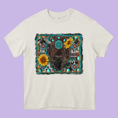 American Bison Wıth Sunflower And Gemstone Heavy Core Tee Designed By Ranaportraitstore