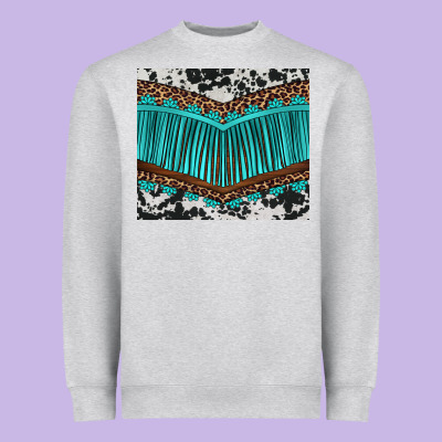 Western Cowhide Leopard Turquoise Fringed Heavyweight Sweatshirt Designed By Barkaloodesign