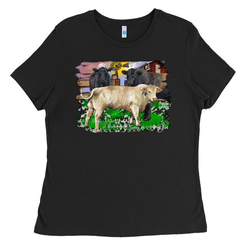 Charolais Bull Black Angus Cattle And Bull With Barnyard And Cowhide Ladies Tee by RanaPortraitStore | Teevron