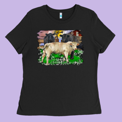 Charolais Bull Black Angus Cattle And Bull With Barnyard And Cowhide Ladies Tee Designed By Ranaportraitstore