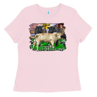 Bubblegum Pink charolais bull black angus cattle and bull with barnyard and cowhide Ladies Tee - RanaPortraitStore