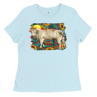 Baby Blue western charolais bull and aztec sunflower background Ladies Tee - RanaPortraitStore