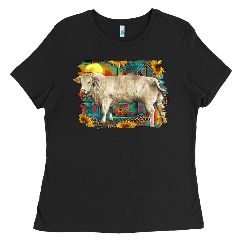 Western Charolais Bull And Aztec Sunflower Background Ladies Tee by RanaPortraitStore | Teevron